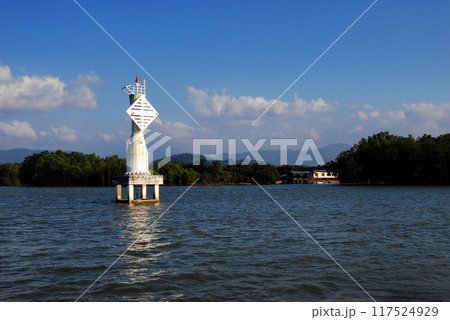Blue sea white beach turquoise ocean wave coastal in tropical paradise landscape. Beautiful scene seascape marine coastline destinations. Tropical beautiful blue ocean lagoon lake travel summer time. 117524929