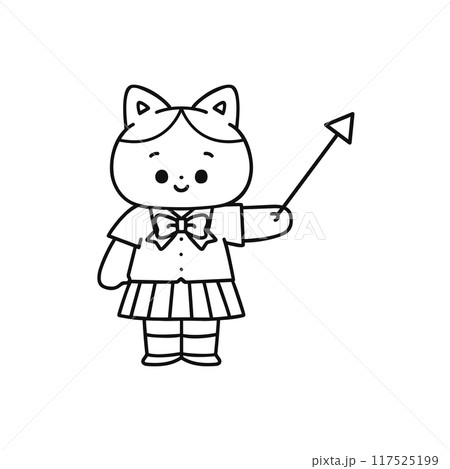 指し棒を持った制服姿の猫・線画 117525199