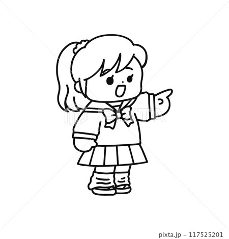 指差ししている制服姿の女の子・線画 117525201