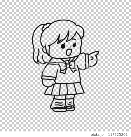 指差ししている制服姿の女の子・線画 117525201