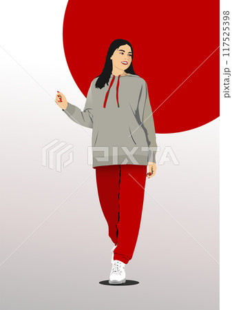 Walking young girl in a tracksuit. Vector 3d hand drawn illustration Walking young girl in a tracksuit. Vector 3d hand drawn illustration 117525398