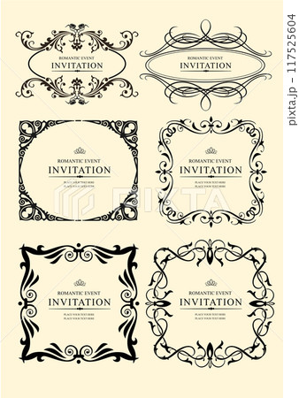 Set of ornate vector frames and ornaments with sample text. Perfect as invitation or announcement. All pieces are separate. Easy to change colors and edit. Hand drawn illustration Set of ornate vector frames and ornaments with sample text. Perfect as invitation or announcement. All pieces are separate. Easy to change colors and edit. Hand drawn illustration 117525604