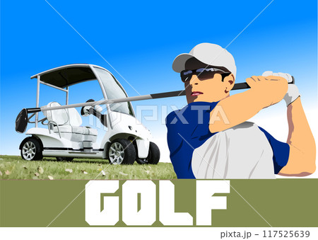 Golf club background with golfer and electric car. Vector 3d hand drawn  illustration 117525639