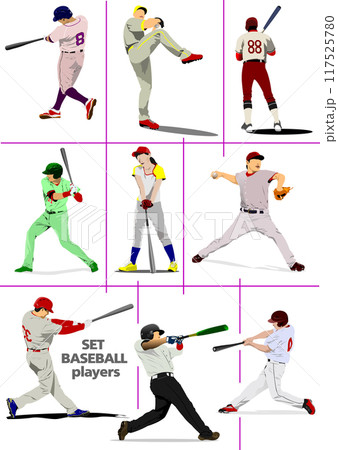 Set of Baseball players. Vector 3d hand drawn illustration 117525780