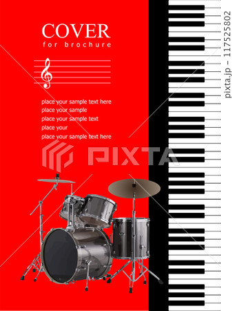 Cover with Musical instruments image. Drum music set. 3d vector  hand drawn illustration 117525802