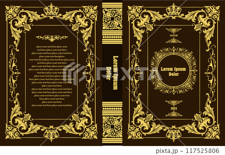 Ornate leather book cover and Old retro ornament frames. Royal Golden style design. Historical novel. Oriental style Vector illustration. Hand drawn illustration Ornate leather book cover and Old retro ornament frames. Royal Golden style design. Historical novel. Oriental style Vector illustration. Hand drawn illustration 117525806
