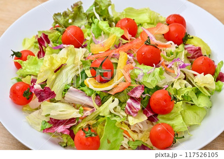 たっぷりの野菜サラダ、サラダボウル、レタスやトマト等緑黄色野菜。 たっぷりの野菜サラダ、サラダボウル、レタスやトマト等緑黄色野菜。 117526105