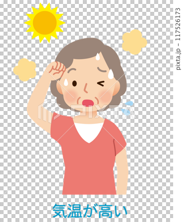 Elderly woman sweating outdoors in high temperatures - heat stroke Elderly woman sweating outdoors in high temperatures - heat stroke 117526173