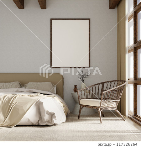 Cozy Modern Bedroom Interior with Wooden Frame, Neutral Tones, and Natural Light - Perfect for Home Decor Inspiration and Design Ideas Cozy Modern Bedroom Interior with Wooden Frame, Neutral Tones, and Natural Light - Perfect for Home Decor Inspiration and Design Ideas 117526264