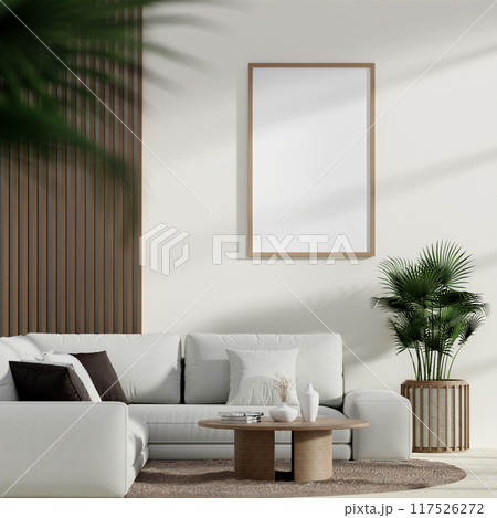 Modern 3D Interior Living Room with Blank Frame, Cozy Sofa, Coffee Table, and Indoor Plants in Minimalist Design 117526272