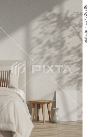 Modern Minimalist 3D Interior Design with Empty Frame and Natural Light in Cozy Bedroom Setting 117526286