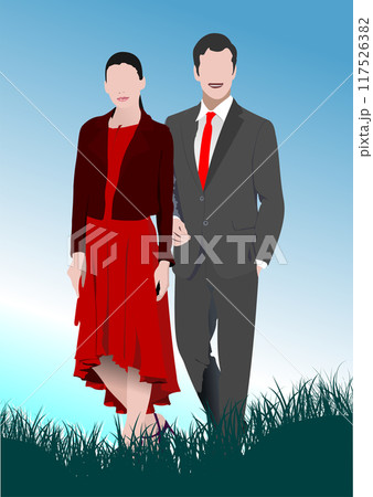 Young couple on summer background. Colored Vector hand drawn illustration Young couple on summer background. Colored Vector hand drawn illustration 117526382