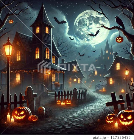 ハロウィンの街並み（夜） 117526453