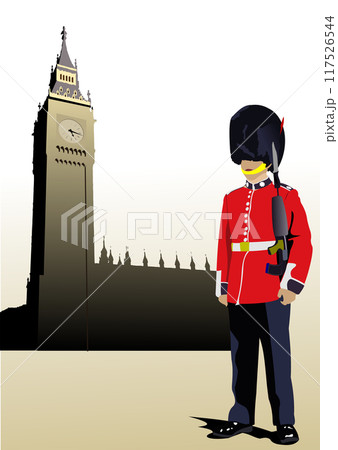 3d Vector hand drawn image of beefeater isolated on white. London guard 117526544