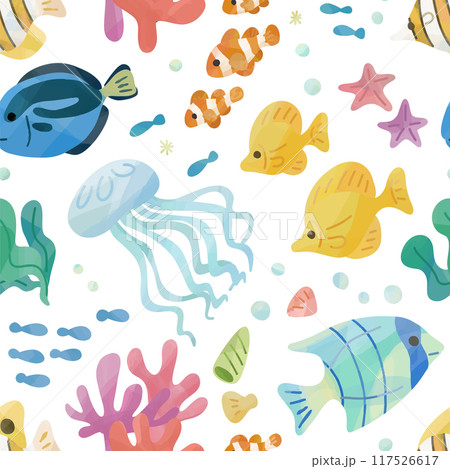 お魚のイラストシームレスパターン 117526617