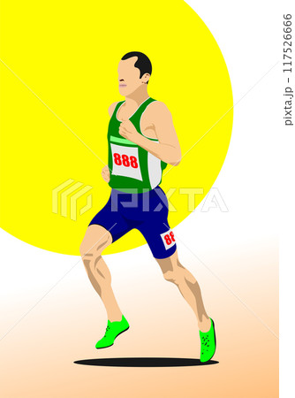 Hand drawn Illustration of a track and field athlete running jumping the hurdles. 117526666