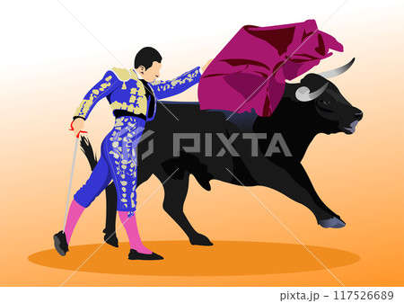 Corrida typical Spanish entertainment - bullfighting. Color vector hand drawn illustration Corrida typical Spanish entertainment - bullfighting. Color vector hand drawn illustration 117526689