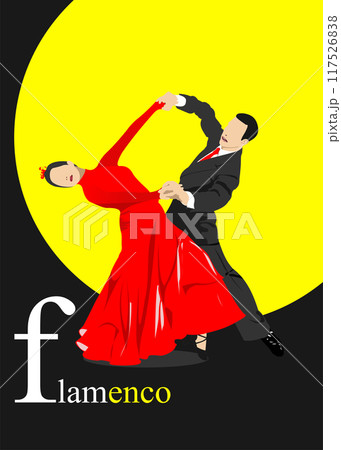 Beautiful young couple dancing flamenco poster. Colored Vector 3d hand drawn illustration 117526838