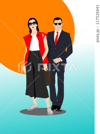Young handsome man and woman with sunglasses. Businessman. Colored 3d Vector hand drawn  illustration 117526841