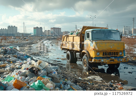 Yellow dump truck is driving through a trash-filled street. Scene is bleak and depressing 117526972