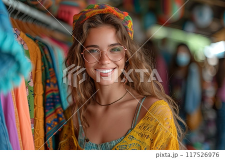 Young woman is standing in front of a rack of second hand clothes in store 117526976