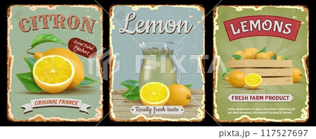 Vintage lemon labels. Retro food ab posters. Fruit lemonade. Citrus drink. Art texture with green leaf and citron. Plant healthy beverage. Old design billboards. Vector design banners set 117527697