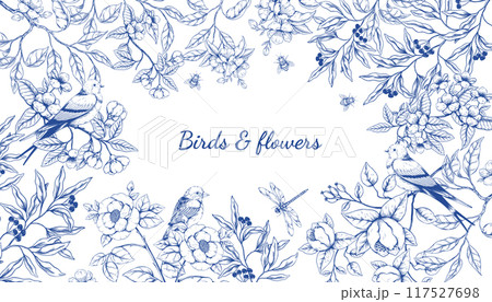Birds and flowers. Floral chinoiserie card, blue and white spring tree, luxury nature art with hand drawn elegant Sakura. Engraving drawing forest isolated elements. Banner design. Vector label 117527698