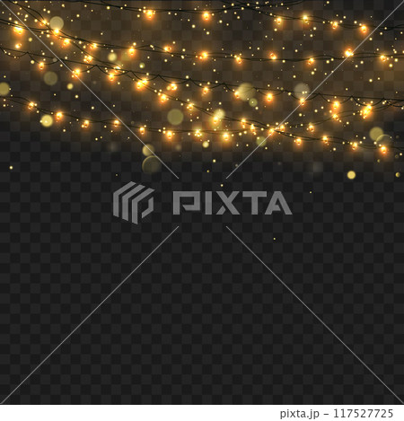 Golden string lights hanging, glowing softly, against a transparent checkered background. Vector 117527725