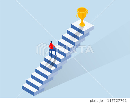 Business people concepts for success.businessman walk up small step stair to reach trophy reward,Isometric vector illustration. Business people concepts for success.businessman walk up small step stair to reach trophy reward,Isometric vector illustration. 117527761