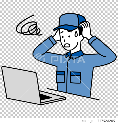 一名身穿工作服的男子在筆記型電腦上工作,引發了麻煩 一名身穿工作服的男子在筆記型電腦上工作,引發了麻煩 117528205