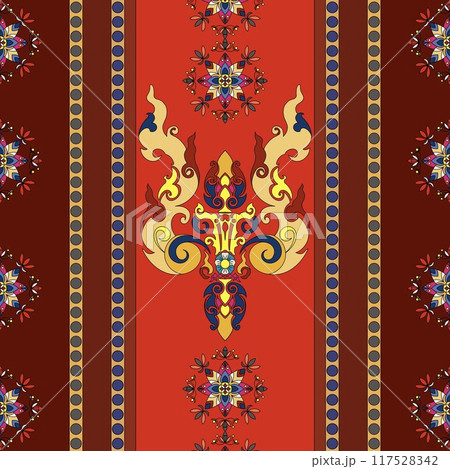 Floral cross stitch embroidery on background.geometric ethnic oriental seamless pattern traditional.Aztec style abstract illustration.design for texture,fabric,clothing,wrapping,print Floral cross stitch embroidery on background.geometric ethnic oriental seamless pattern traditional.Aztec style abstract illustration.design for texture,fabric,clothing,wrapping,print 117528342