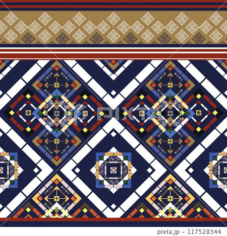 Floral cross stitch embroidery on background.geometric ethnic oriental seamless pattern traditional.Aztec style abstract illustration.design for texture,fabric,clothing,wrapping,print 117528344
