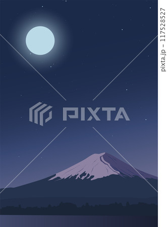 The moon rising over mount Fuji. Night view of a Japanese tourist attraction. Design for travel banners, travel, invitations. Landscape with a midnight starry sky. Realistic vector background. 117528527