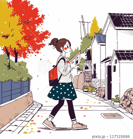 秋の街を歩く女の子 117528886