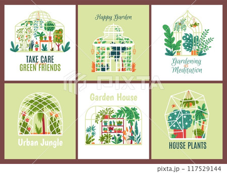 Themed greenhouse gardens vector illustration set Themed greenhouse gardens vector illustration set 117529144