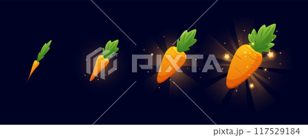 Growing carrots with leaves icons set, cartoon orange vegetable with sparkles, vector shine farming game assets on black 117529184