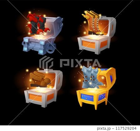 Set of opened chests with different pairs of boots flat style 117529204