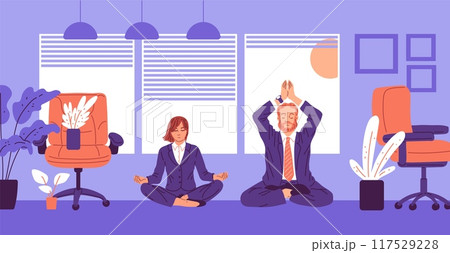 Vector illustration a man and a woman meditating in the lotus position in the office Vector illustration a man and a woman meditating in the lotus position in the office 117529228