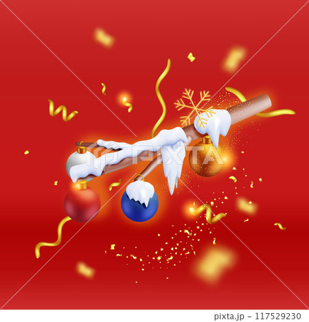 3D christmas tree branches and hanging glass balls 117529230