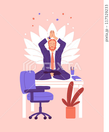 Vector illustration: a man in an office suit meditating in the lotus position on the desktop Vector illustration: a man in an office suit meditating in the lotus position on the desktop 117529233