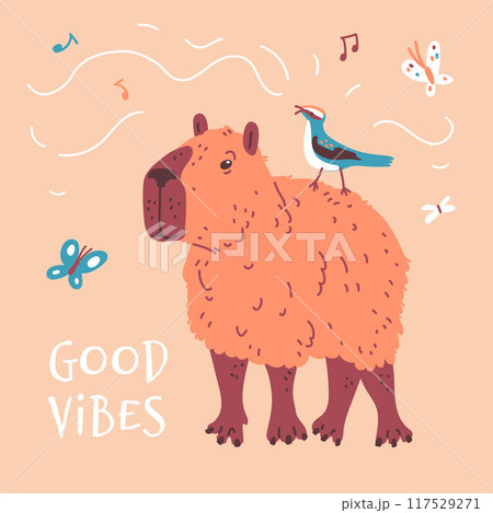 Vector graphics a capybara in a kawaii style, with a bird sitting on its back 117529271
