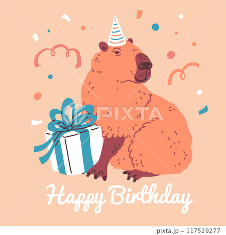 Vector postcard with capybara features a cute animal in a festive hat surrounded by confetti 117529277