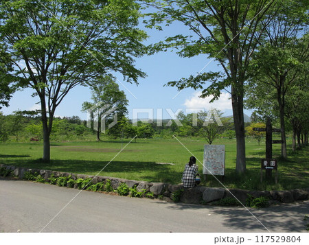 公園で休憩する親子 117529804
