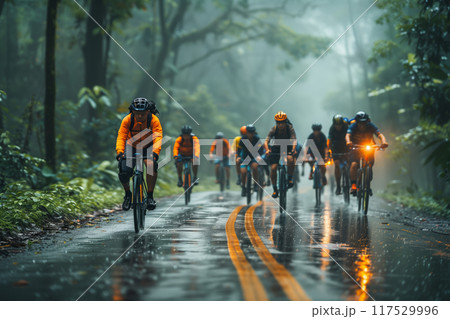 Asian Cyclists Journey Through Misty Rainforest Road on a Gloomy Day 117529996