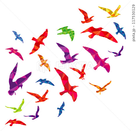 Flying bird flock silhouettes with color polygonal pattern Flying bird flock silhouettes with color polygonal pattern 117530129