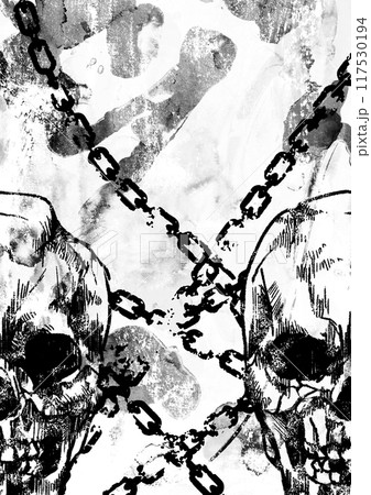 モノクロの2つの骸骨と鎖のあるビンテージ背景 モノクロの2つの骸骨と鎖のあるビンテージ背景 117530194