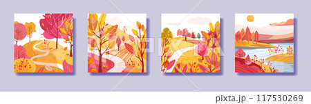 Set with landscapes. Indian summer. Hand drawn. Sun over the river. Fields on the hills.. Print on invitations, postcards or posters. Flyer. Vector 117530269