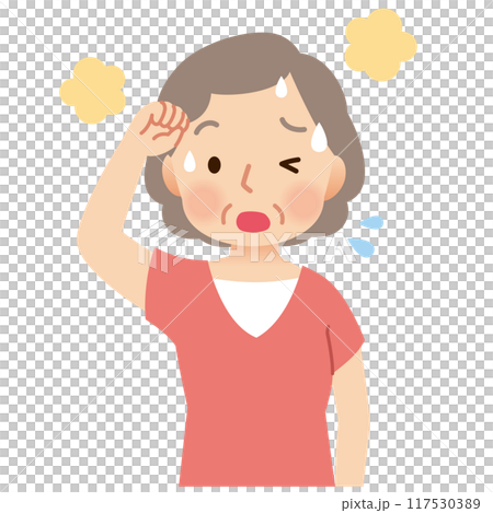 老年婦女因高溫、中暑而出汗 老年婦女因高溫、中暑而出汗 117530389