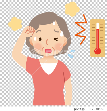 Elderly woman sweating in high temperatures - heat stroke Elderly woman sweating in high temperatures - heat stroke 117530489