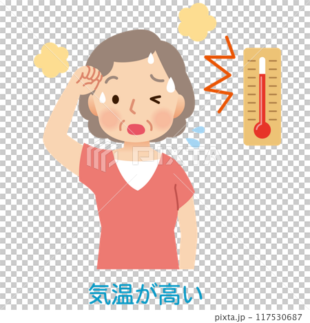 気温が高く汗をかく高齢者女性　熱中症 117530687